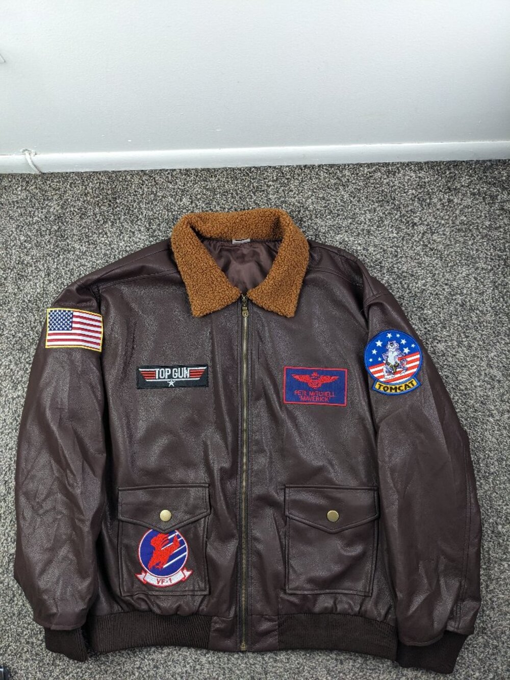 2025 Top Gun Jacket Maverick Bomber Faux Leather Sherpa Collar Brown Mens Large